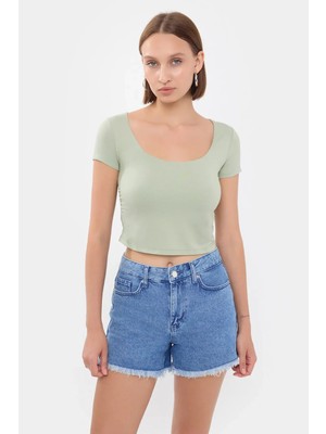 Hiccup Kadınlar Yuvarlak Yaka Crop Top Zümrüt Yeşili