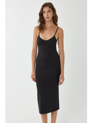 Hiccup Kadınlar İnce Askılı V Yaka Bodycon Midi Elbise Siyah