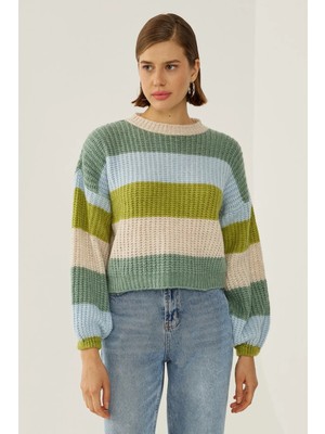 Hiccup Kadın Relaxed Fit Çizgili Triko Kazak Zeytin Yeşili