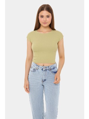 Hiccup Kadın Temel Yuvarlak Yaka Kısa Kollu Crop Top Adaçayı Yeşili
