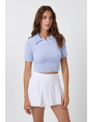 Hiccup Kadınlar Polo Yaka Örme Crop Top Maya Mavisi