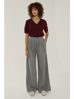 Hiccup Kadın Pileli Geniş Paça Pantolon Gri