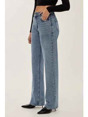 Hiccup Kadınlar Orta Bel Straight Leg Jean Koyu Mavi Denim