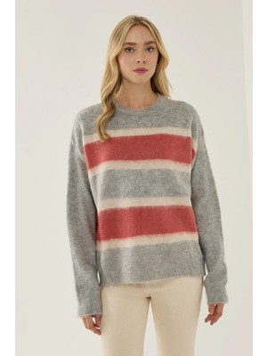 Hiccup Kadın Relaxed Fit Renkli Çizgili Triko Kazak Gri
