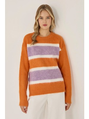 Hiccup Kadın Relaxed Fit Renkli Çizgili Triko Kazak Neon Pembe