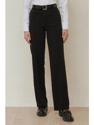 Hiccup Kadın Düz Kesim Yüksek Bel Nervürlü Dokuma Pantolon Siyah