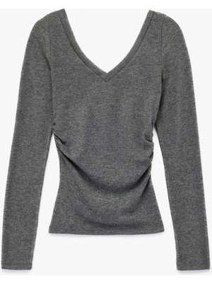 Viskon Karışımlı Slim Fit V Yaka Drape Detaylı Uzun Kollu Tişört
