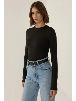 Hiccup Kadınlar Dar Kesim Uzun Kollu Bisiklet Yaka Bodysuit Siyah