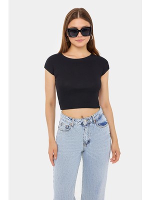 Hiccup Kadın Temel Yuvarlak Yaka Kısa Kollu Crop Top Siyah
