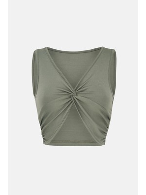 Hiccup Kadınlar Düz Renkli Fitilli Ön Kıvrık Crop Top Haki Yeşil