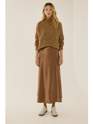 Hiccup Kadın Yüksek Bel Saten Midi Etek Mocha Kahvesi