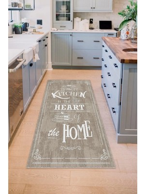 Dijital Baskılı Kaymaz Taban Yıkanabilir Kitchen-Home Yazılı Çerçeveli Gri Mutfak HALISI-DC-5018