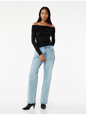 Slim Fit Uzun Kollu Drapeli Omzu Açık Tişört