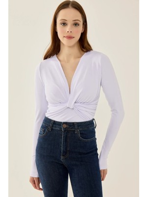 Hiccup Kadınlar V Yaka Uzun Kollu Slim Fit Bodysuit Tozlu Beyaz