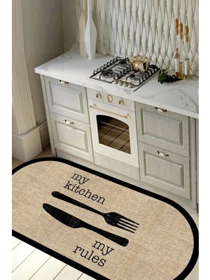 Dijital Baskılı Kaymaz Jüt Görünümlü Kitchen Siyah Çerçeveli Oval Mutfak HALISI-D5034
