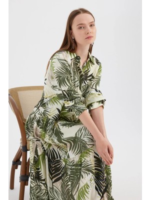 Hiccup Kadınlar Çiçek Desenli Uzun Kollu Gömlek Maxi Elbise Natural