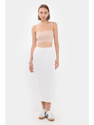 Hiccup Kadınlar Ceplerle Detaylandırılmış Fermuarlı Midi Etek Beyaz
