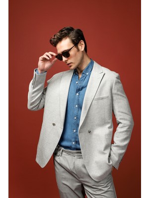 Kiğılı 7 Drop Slim Fit Dar Kesim Keten Karışımlı Kruvaze Ceket