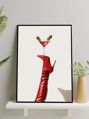 Red Martini, Kırmızı Martini ve Çizme, Pop Art Mutfak Çerçeveli Tablo - Çerçeveli Poster