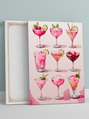 Pink Libations, Pembe Kokteyller Suluboya Mutfak Kanvas Tablo - Tuval Tablo