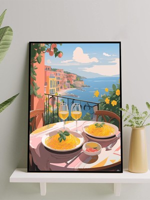 Pasta By The Sea, Deniz Kenarında Makarna Sanat Mutfak Çerçeveli Tablo - Çerçeveli Poster