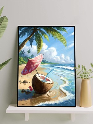 Coconut Paradise, Hindistan Cevizi, Dijital Sanat Deniz Manzaralı Çerçeveli Tablo - Çerçeveli Poster