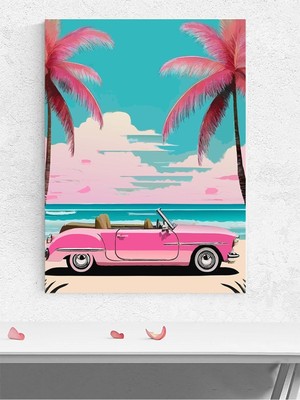 Pink Paradise, Tropikal Pembe Araba Sanat Deniz Manzaralı Poster - Afiş - Dekoratif Duvar Poster