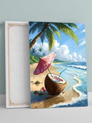 Coconut Paradise, Hindistan Cevizi Cenneti, Dijital Sanat Deniz Manzaralı Kanvas Tablo - Tuval Tablo