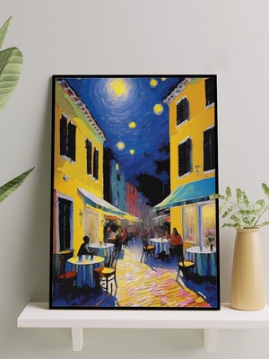 Moonlit Bistro, Ay Işığında Gece Bistro Çerçeveli Tablo - Çerçeveli Poster, Sanatsal Dekorasyon