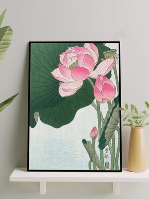 Lotus, Nilüfer Çiçeği, Ukiyoe Japon Sanatı Çerçeveli Tablo - Çerçeveli Poster, Sanatsal Dekorasyon