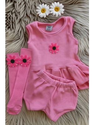 Pembe Ribana Bebek-Çocuk Şort Bluz Bandana Çiçek Keçeli Çorap Set 6-36 Ay