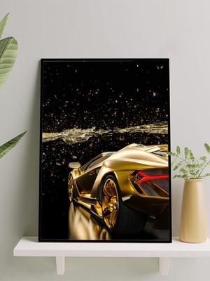 Golden Speed, Altın Hız Lüks Araba Motivasyon Çerçeveli Tablo, Çerçeveli Poster, Ofis, Çalışma Odası