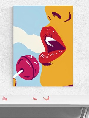 Lip Kiss, Dudak ve Lolipop Şeker Pop Art Sanatsal Poster - Afiş - Dekorasyon