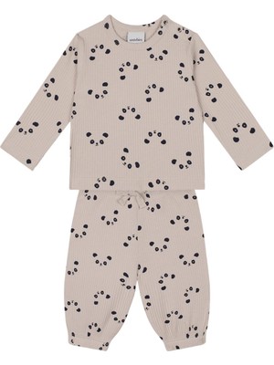 Antebies Bambu Bej Panda Desenli Beli Lastikli Bağcıklı Uzun Kollu Erkek Kız Bebek Tshirt Eşofman Takımı