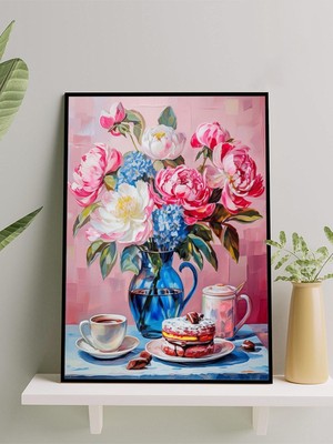 Bloom & Brew, Çiçek ve Kahve, Izlenimci Sanat Mutfak Çerçeveli Tablo - Çerçeveli Poster