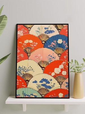 Fan Flora, Yelpaze Çiçekleri, Japon Sanatı Çerçeveli Tablo - Çerçeveli Poster, Sanatsal Dekorasyon