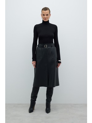 Beli Kemerli Yırtmaçlı Midi Boy Etek Siyah K2615056_001