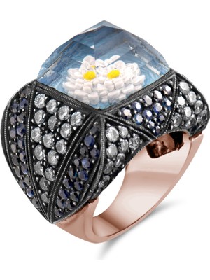 4.73 Karat Pırlanta Safir Yüzük, Çiçek Motifli, Gerçek Pırlanta, Mücevher Sertifikalı