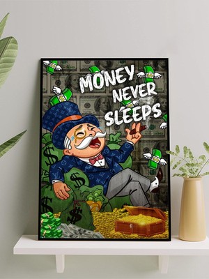 Never, Para Uyumaz, Zengin Baba Motivasyon Çerçeveli Tablo, Çerçeveli Poster, Ofis,çalışma Odası