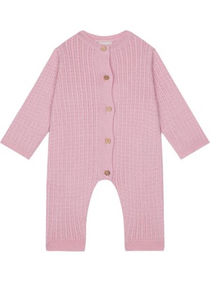 Antebies Pembe Balıksırtı Tahta Düğmeli Triko Uzun Kollu Kız Bebek Patiksiz Tulum