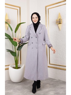 Harma Time Butik Kadın Astarlı Düğmeli Cepli Uzun Gri  Kaşe kaban