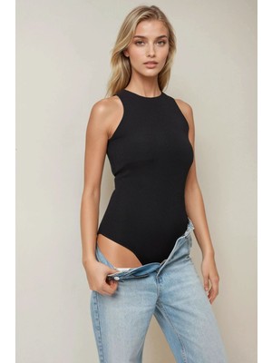 Hiccup Kadınlar Halter Yaka Slim Fit Bodysuit Siyah