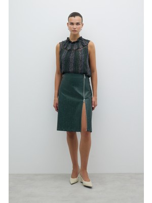 Önü Fermuarlı Midi Boy Etek Yeşil K2615044_012
