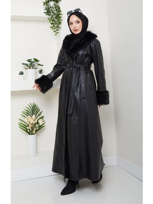 Harma Time Butik Kadın Kürk Detaylı Fermuarlı Uzun Astarlı Siyah Kap