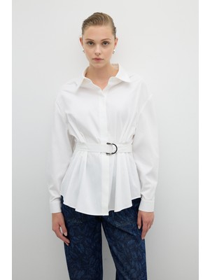 Pili Detaylı Beli Kemerli Gömlek Beyaz K2613520_002