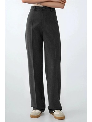 Hiccup Kadın Yüksek Bel Straight Kumaş Pantolon Koyu Gri