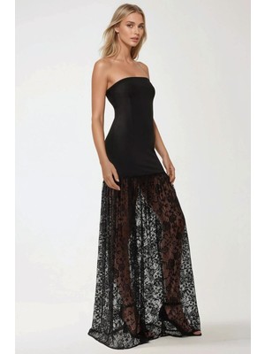 Hiccup Kadınlar Dantel Detaylı Straplez Maxi Bodycon Elbise Siyah