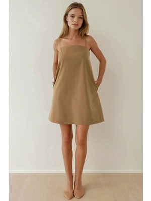 Hiccup Kadın Kare Yaka Rahat Cepli Mini Elbise Deve Kahvesi