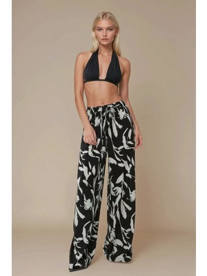 Hiccup Kadın Çekmece İpli Baskılı Geniş Paça Pantolon Siyah
