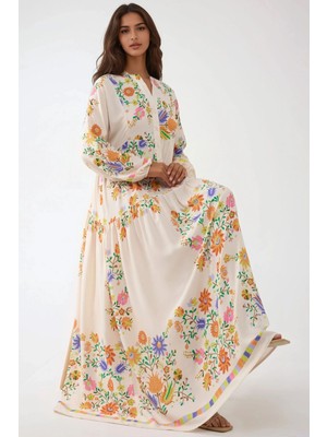 Hiccup Kadınlar Düğme Detaylı Baskılı V Yaka Modest Elbise Fildişi Doğal